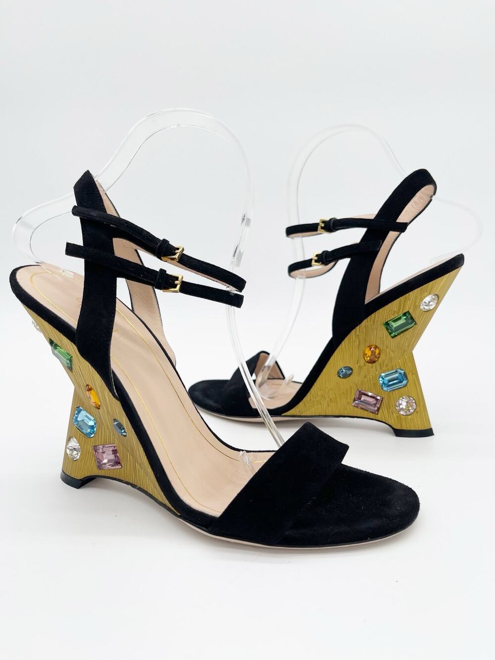 Gucci Engel Black Suede Swarovski Crystal Sculptural Wedge Sandals IT 39